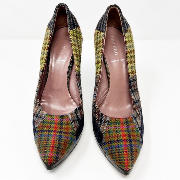 Miu Miu Green Red Patchwork Tweed Heels Shoes Size 7.5 - Picture 5 of 9